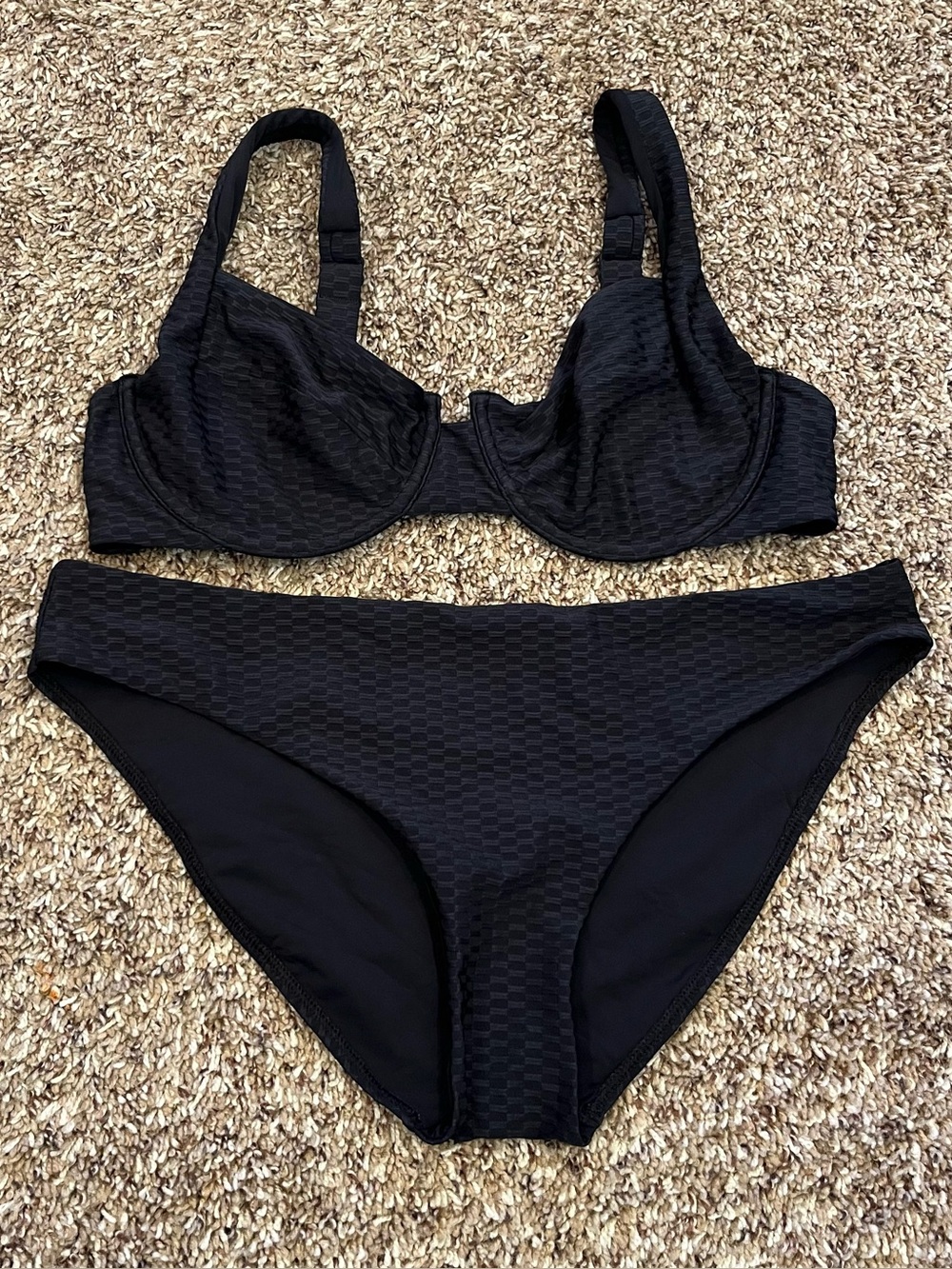 VETCHY Black Textured Underwired Bikini Set Large Bottoms XL Top